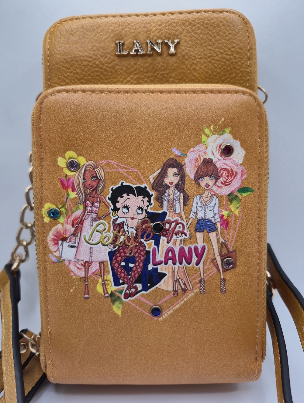 LANY Betty Boop Friends/Flowers Faux Leather Cellphone Crossbody Bag Mustard